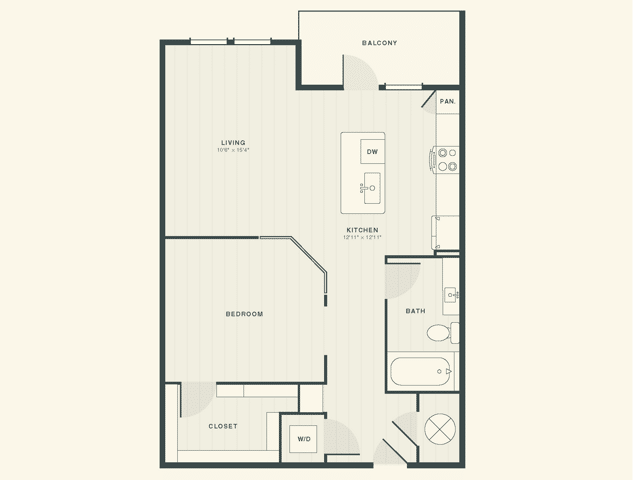 The Holmes studio apartment and 1 bathroom 2D floorplan at The Ames