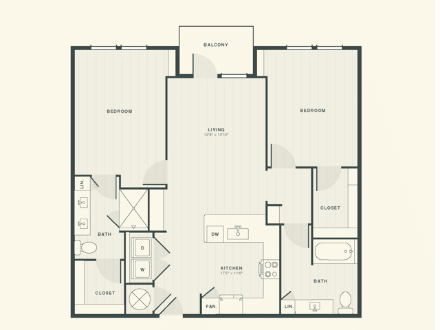 The Potter 2 bedroom and 2 bathroom 2D apartment floorplan at The Ames